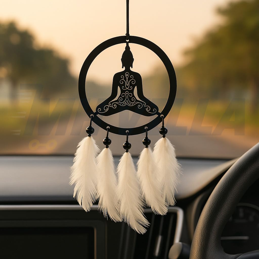 Dream Catchers for Car & Home - Handmade Decorative Car Hanging Ornament with Buddha Design, Wind Chime Style Feathers for Rear View Mirror, Window, Room & Garden Décor-image-11