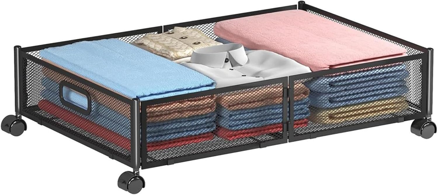 Under Bed Storage with Wheels,Foldable Metal Under Bed Storage Containers,Rolling Under Bed Drawer Organizers for Bedroom Clothes Blankets Shoes Books