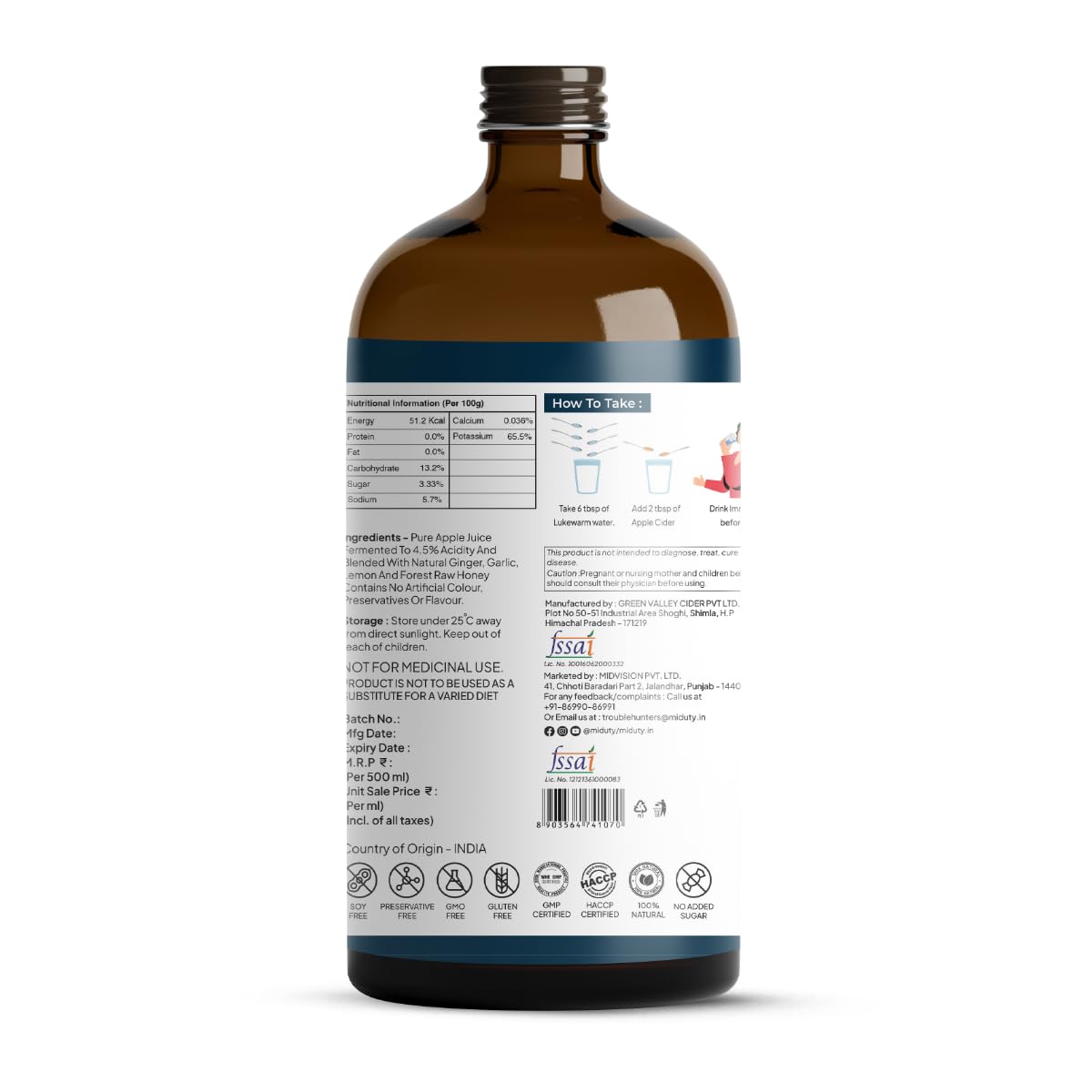 Miduty Raw & Unfiltered Apple Cider Vinegar - Forest Raw Honey - Lemon - Ginger - Garlic - Enriched with Minerals - Promotes Weight Loss - from Himalayan Apples - Glass Bottle - 500 ml - Image 3 thumbnail