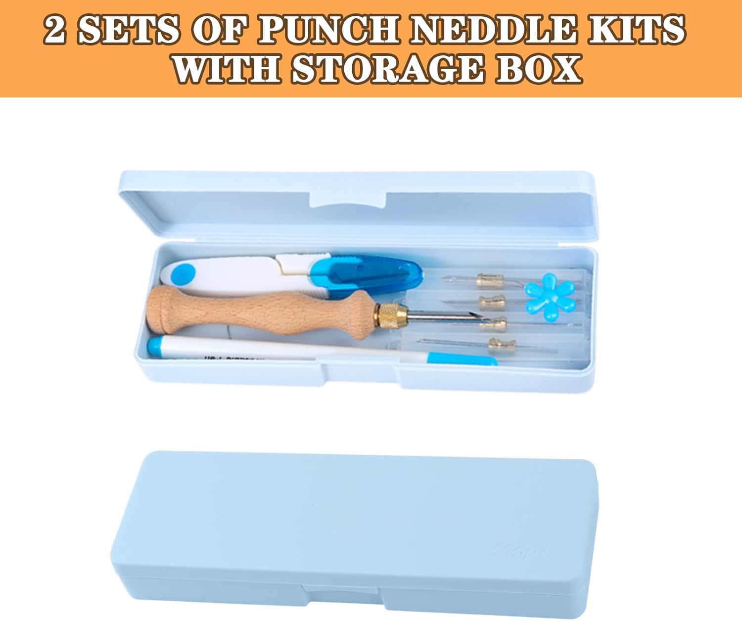 2 Sets Punch Needle Kit with Storage Box, Adjustable Tool with 1.6mm/2mm/2.5mm/3.5mm/5mm Metal Needles, Beginner DIY Craft, Perfect for Decoration and Gifts (Blue)