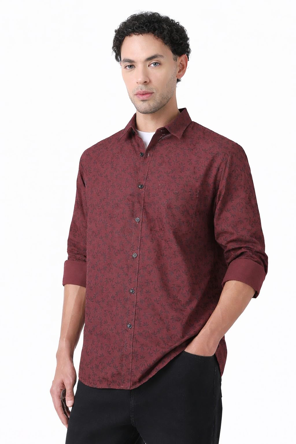 Men’s Slim Fit Full Sleeve Casual Shirt in Slub Cotton with All-Over Leafy Print