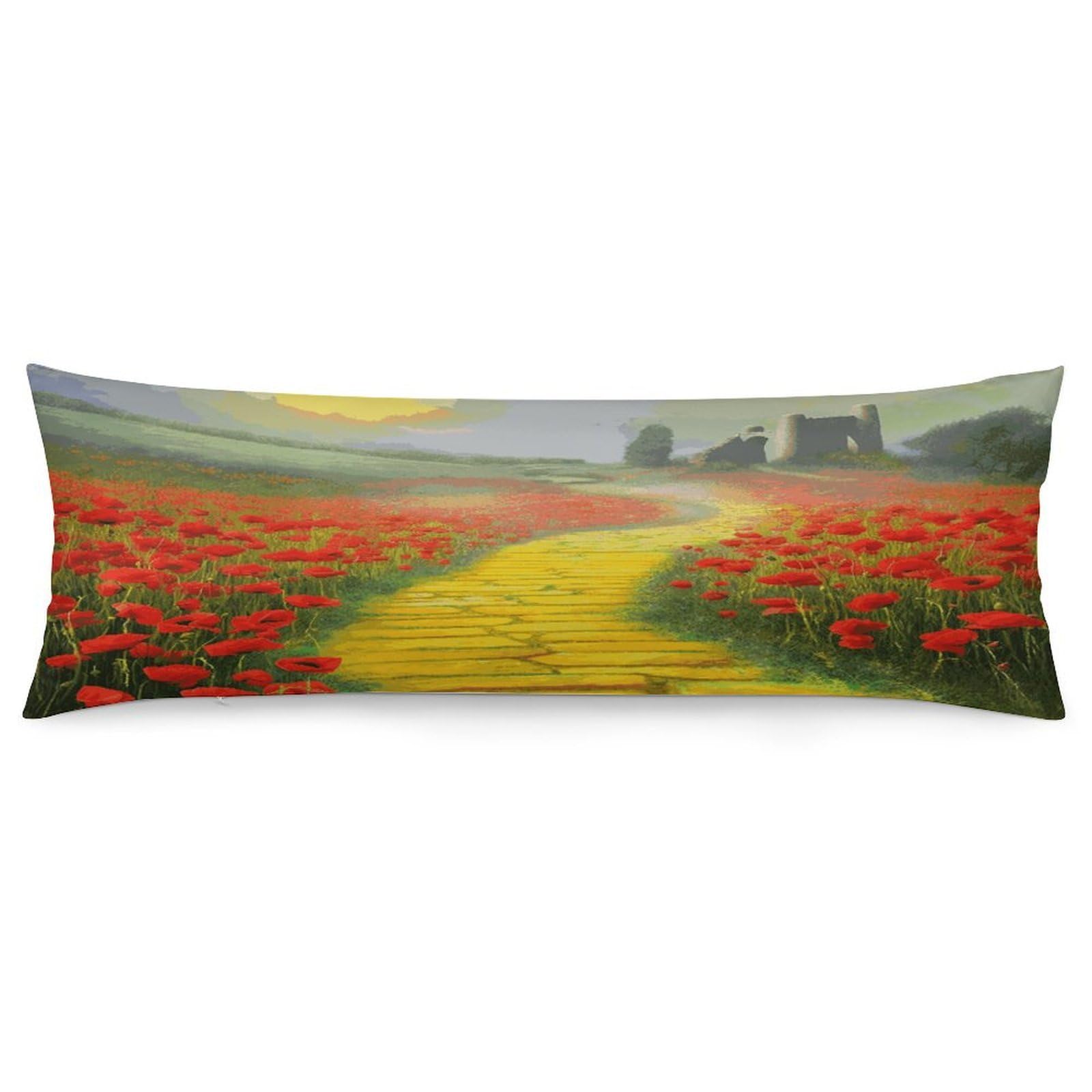 Poppies Field Yellow Brick Road Throw Pillow Cover Soft Lumbar Pillow Covers with Zipper Breathable Rectangular Cushion Case Polyester Pillow Case Decorative Body Pillow Cover for Couch Bed