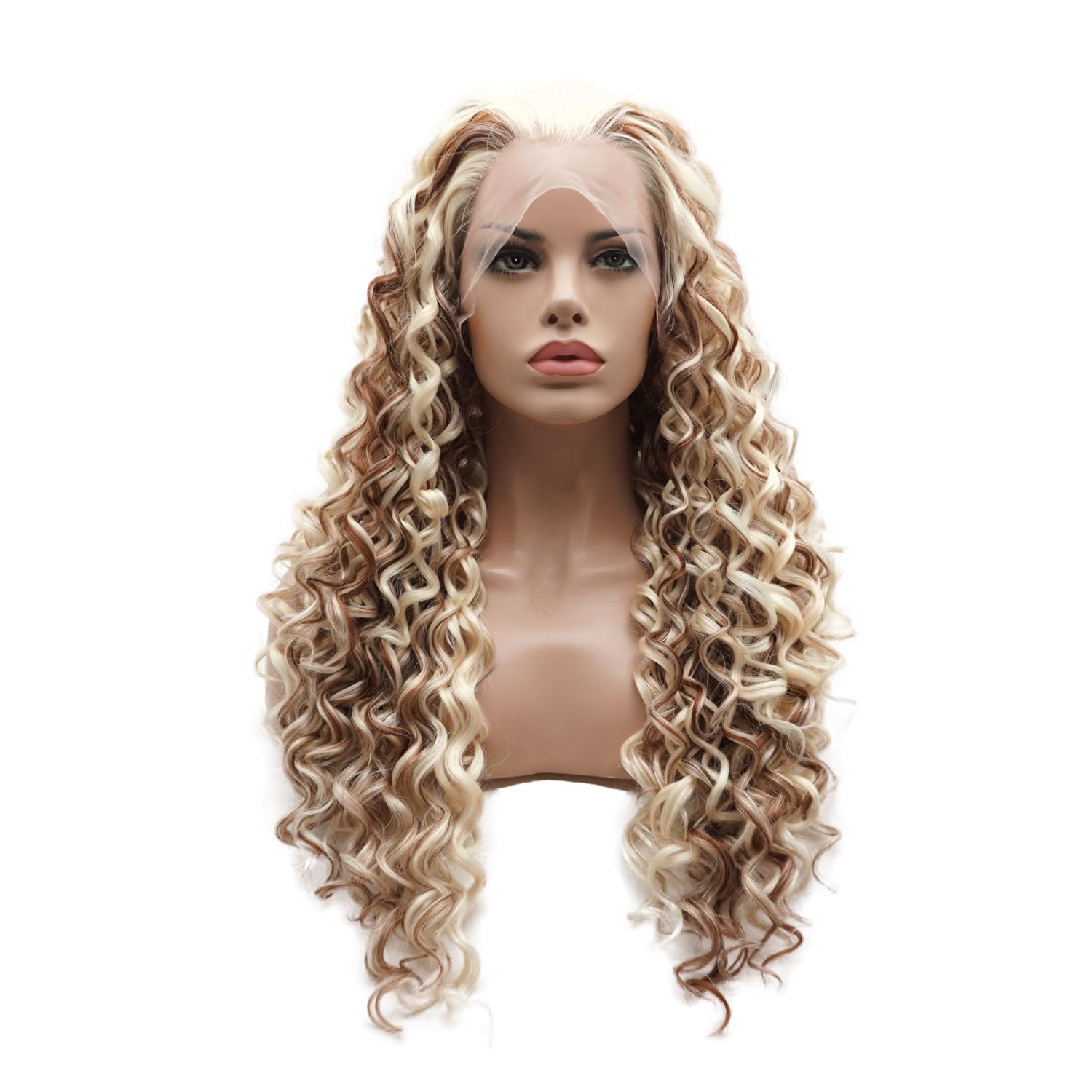Lushy Kinky Curly Long 26inch Light Blond White Auburn Mix Wig Heavy Density Heat Resistant Synthetic Lace Front Wig