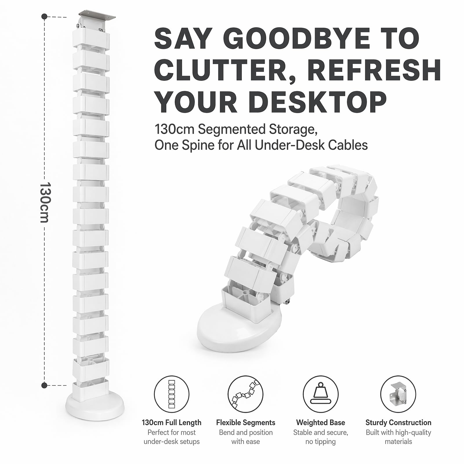 Guide-câble carré Flexible 130cm, Organisateur Rangement Fils chaîne Serpent, Accessoire Gestion câbles Bureau Hauteur Ajustable Couleur Blanc