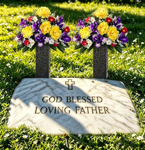 Artificial Iris Mums Daisy Cemetery Flowers - Realistic - Outdoor Grave Decorations - Saddle for Headstone,Outdoor Tombstone Memorial Decorations, Easy Fit (Yellow Purple 2pc with  image 3