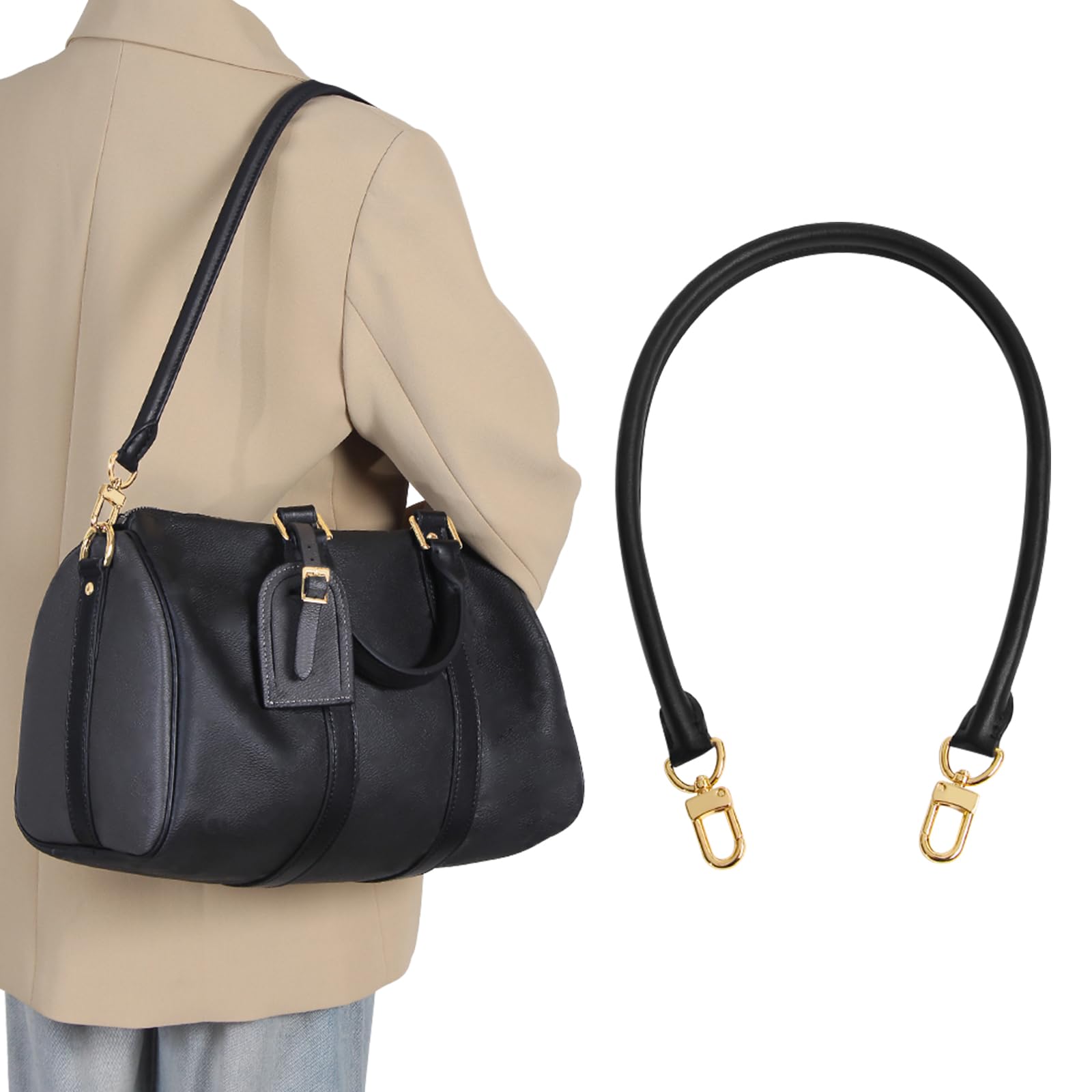 jiesinlov 70 cm Tracolla di ricambio in pelle di vacchetta per borse Speedy 25 30(Nero-oro)