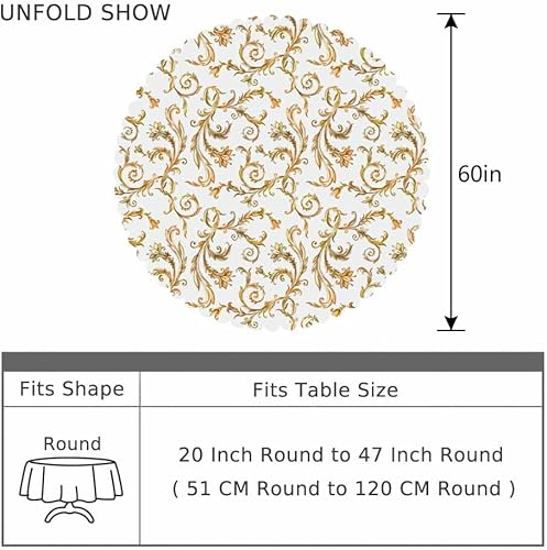 Miniatura 4 de AOYEGO Mantel redondo de encaje vintage dorado de 60 pulgadas, ramas florales, hojas, medieval, estilo real, acuarela viva, mantel de poliéster para
