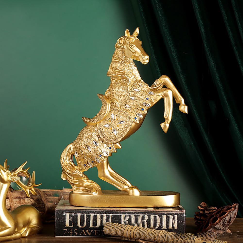 CHUOZI Gold Horse Statue Figurines to Attract Luck and Wealth Resin Standing Art Sculpture Home Office Decoration Tabletop Decor Ornaments for Desk Bookshelf (D)