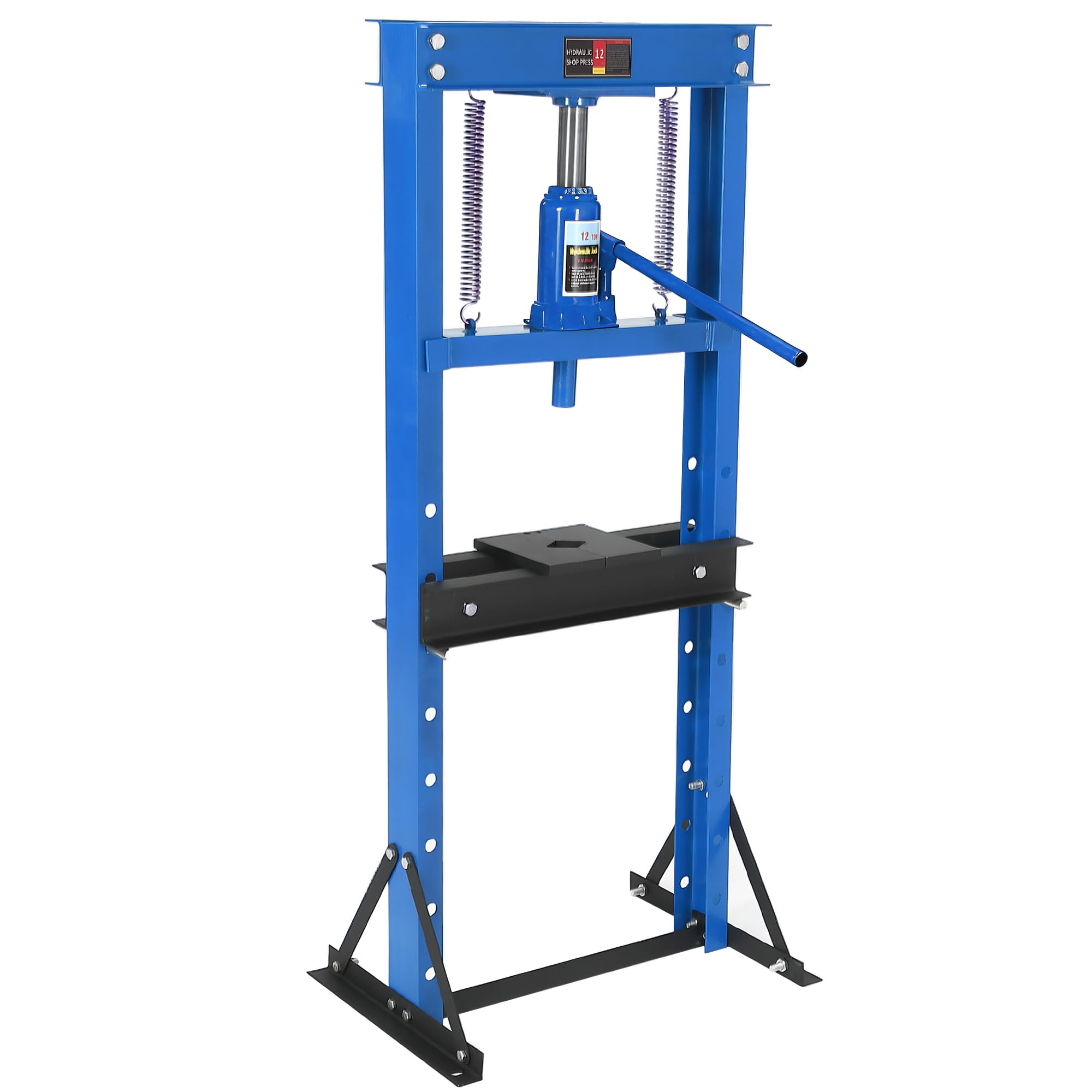 Presse hydraulique d’atelier 6T – Structure H robuste – Hauteur réglable – Pour garage, redressage, pliage, extraction de roulements et arbres – Plaques en acier incluses – Corps bleu, parcourir et