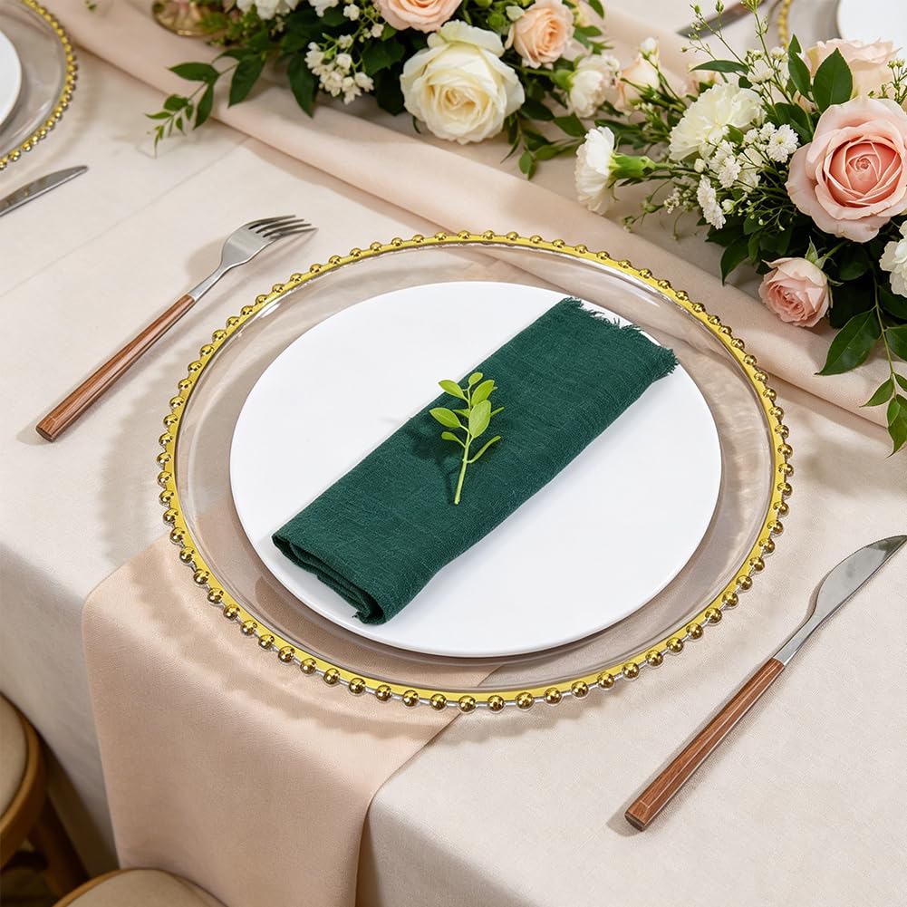 AHANDMAKER 8 placas transparentes y doradas, 33 cm, reutilizables, con borde de perlas doradas, elegantes placas decorativas para cenas, bodas, cumpleaños, fiestas