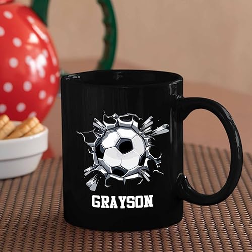 Miniatura 4 de Taza de cerámica negra personalizada con nombre, regalos para jugadores de pelota de fútbol, amantes del deporte, tazas de café personalizadas de 11