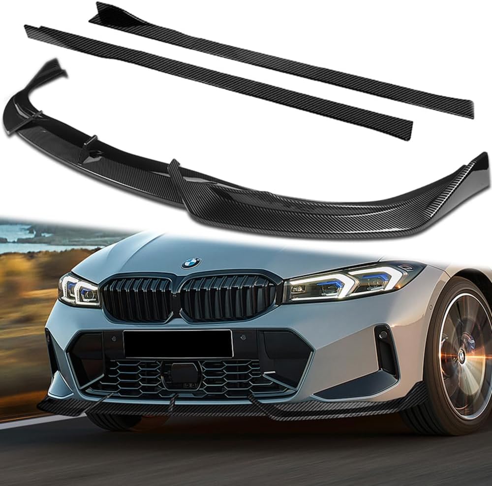 W-POWER, 9PCS Front Bumper Lip & Side Skirt Extensions Diffuser Compatible with BMW G20 3-Series 330e 330i M340i 320i M-Sport Only 2023-2025, Front Lip Spoiler Splitter ABS (Painted Carbon)