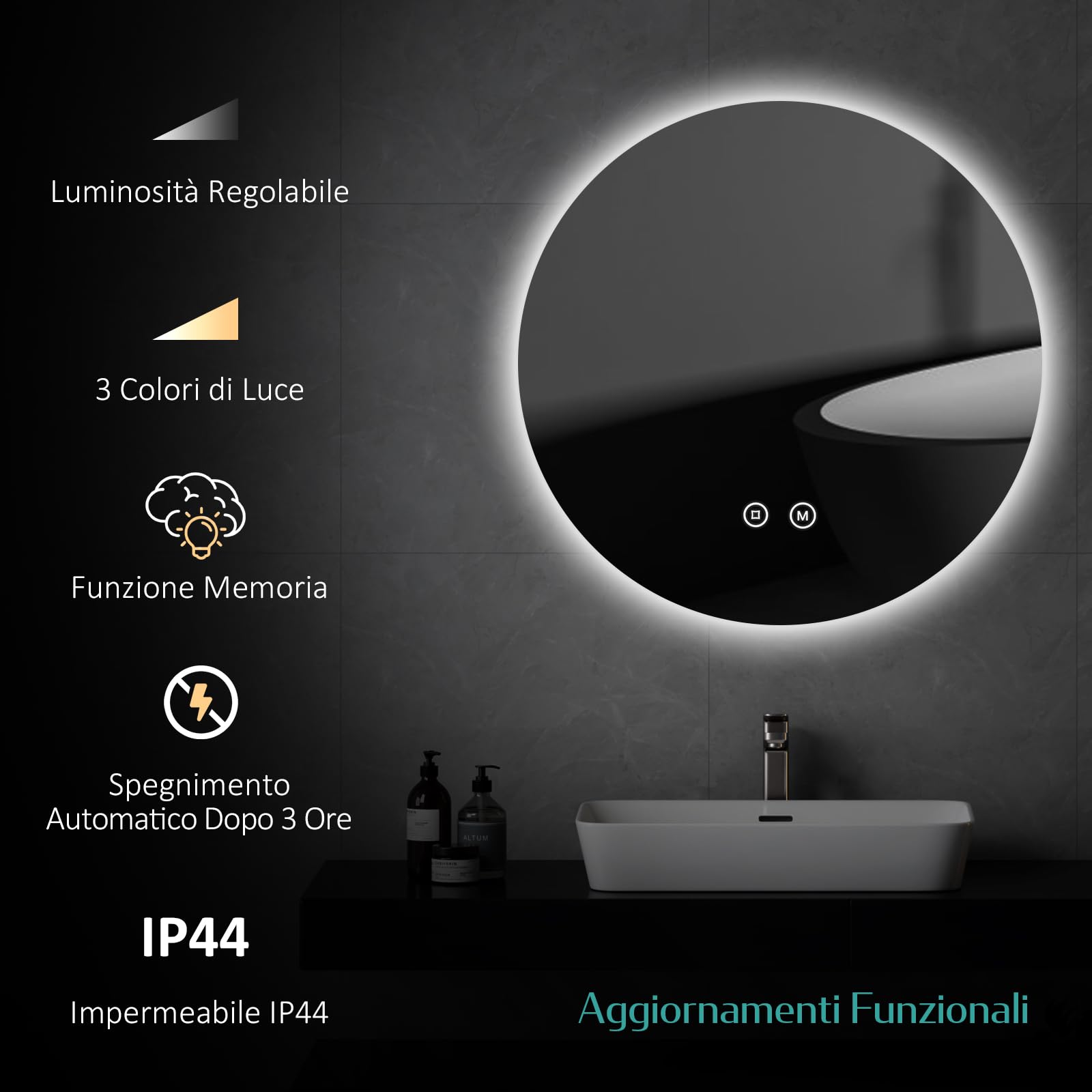 EMKE Specchio Bagno Rotondo con Luce–80 cm, Dimmerabile | 3 Colori di Luce (Bianco Caldo/Neutro/Freddo), Interruttore Touch, Memoria,Specchio Bagno LED