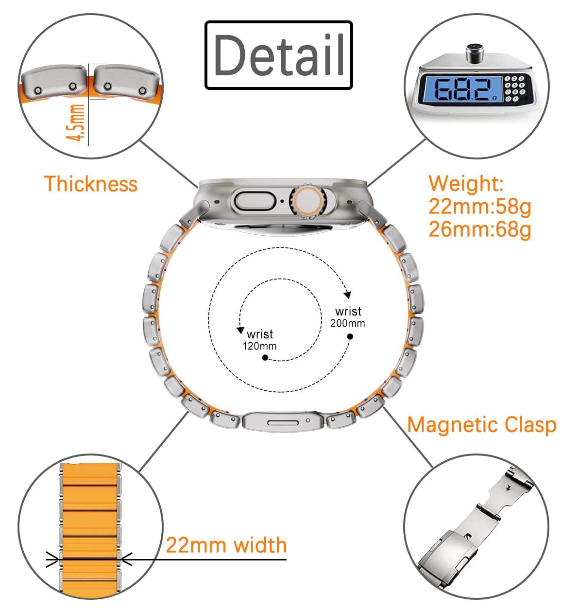 Bracelet Titane Garmin QuickFit 26mm, Doublure Silicone, DEP, Argent/Orange