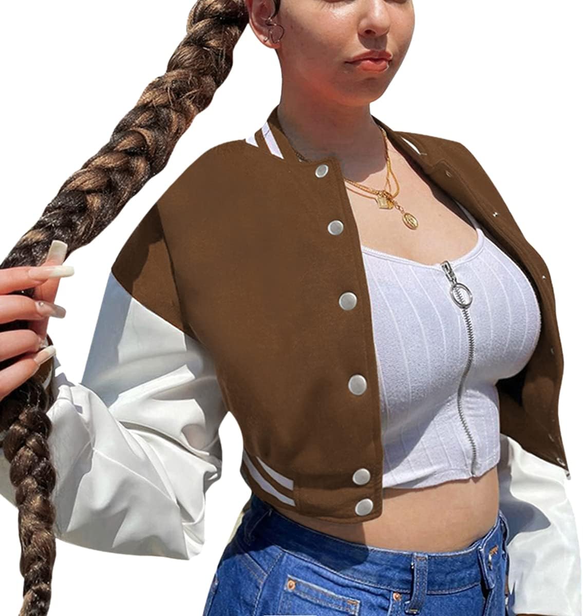 qfmqkpi Women Color block Crop Fleece Baseball Jacket Button Down Bomber Coats Sweatshirt