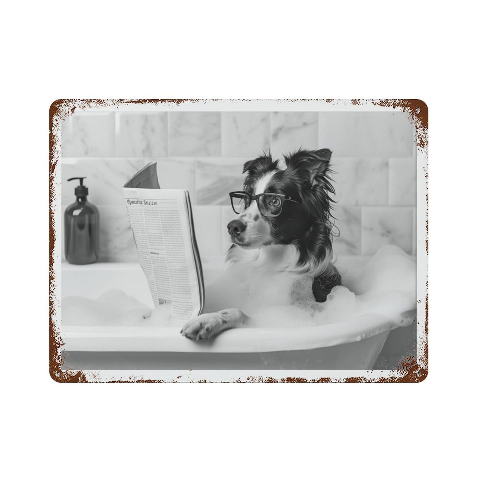xiaoxiaoshen Border Collie in Bathtub Dog Reading Newspaper, Funny Bathroom Decor Wall Decor Art Metal Tin Poster Modern Home Decor Art Home Bar Shop Decorations Vintage Sign 30x40cm