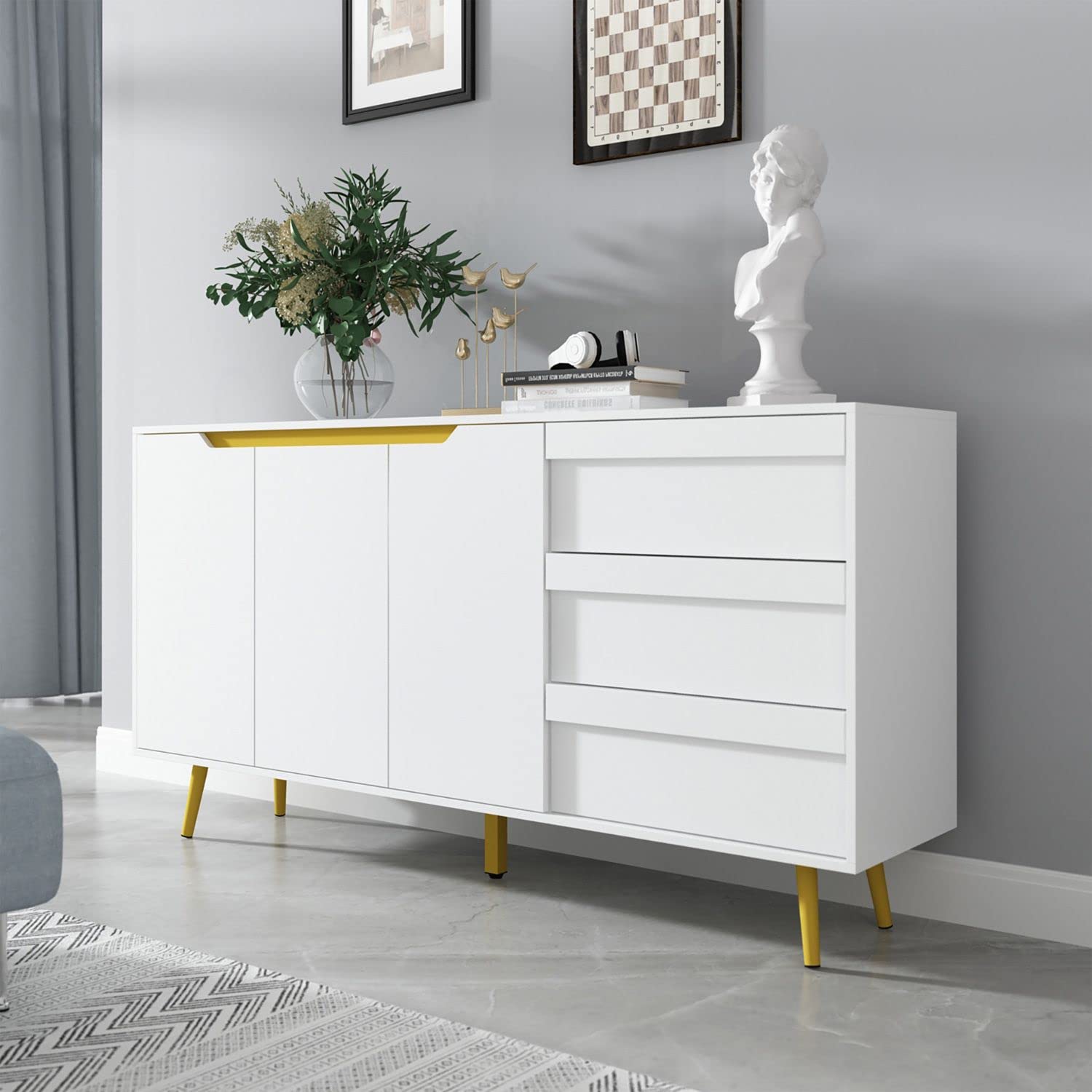 Buy FAY White and Gold Credenza with Drawers & Doors, Wide Buffet