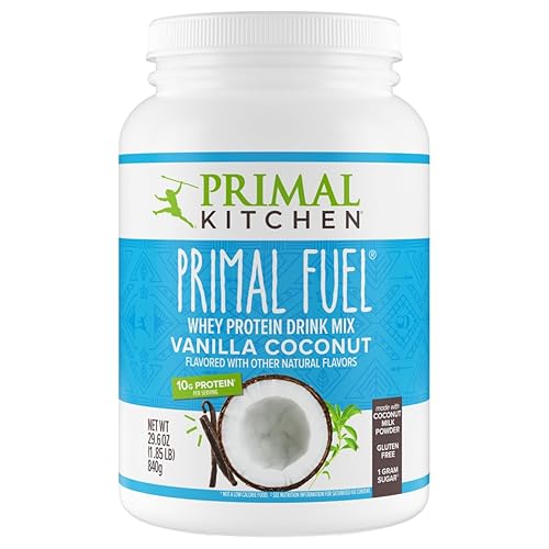 Primal Kitchen Primal Fuel - Mezcla de bebidas de proteína de suero de coco y vainilla, sin gluten y soja, 1.85 libras