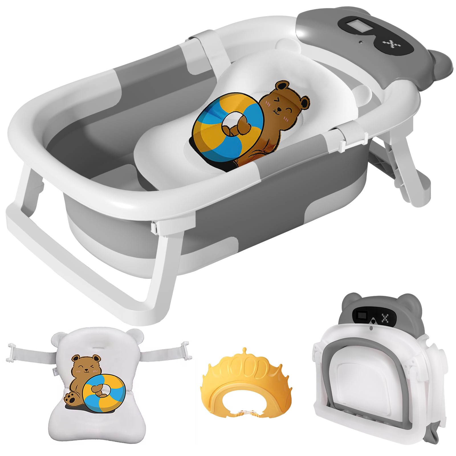 LiveGo Bañera para bebé, bañera plegable para bebé, bañera plegable para recién nacidos a niños pequeños, bañera portátil de viaje con monitor de temperatura en tiempo real + cojín suave, juego de