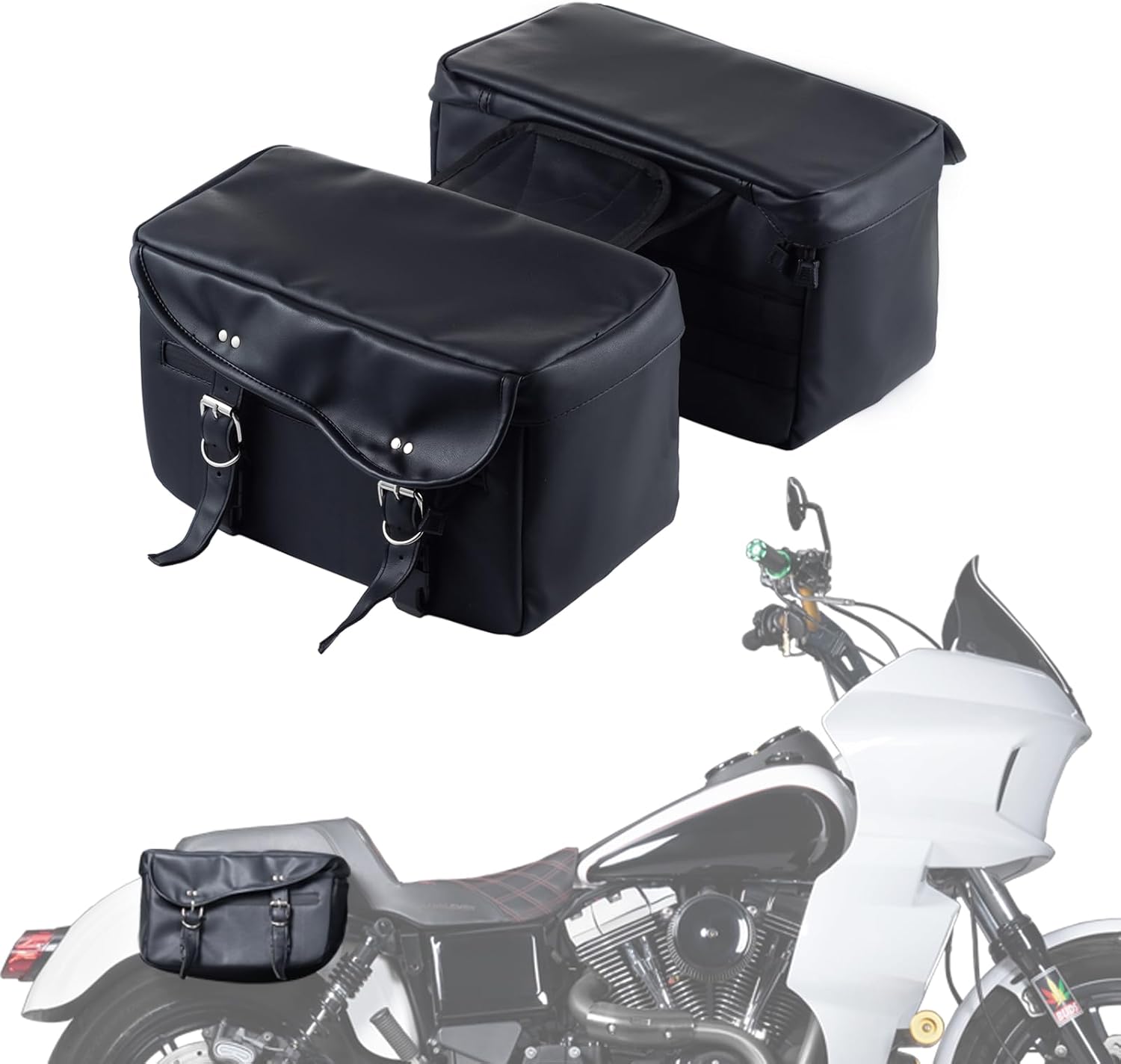 PU Leather Motorcycle Saddlebags,15L×2 (30L / 7.9 GAL) Waterproof Soft Bags, Compatible with Harley Softail, Dyna, Street Bob, Wide Glide, Super Glide, FXR, Low Rider S, Sportster, Black