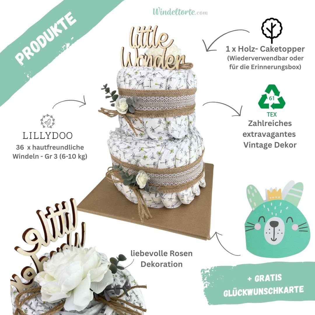 Vintage Torte [JUTE & HOLZ] - Jungen & Mädchen - Neutral Unisex - Geschenk zur Geburt - Baby Party - Babyshower - Pullerparty - Caketopper (Boho - Vintage - LITTLE WONDER) 2-stöckig