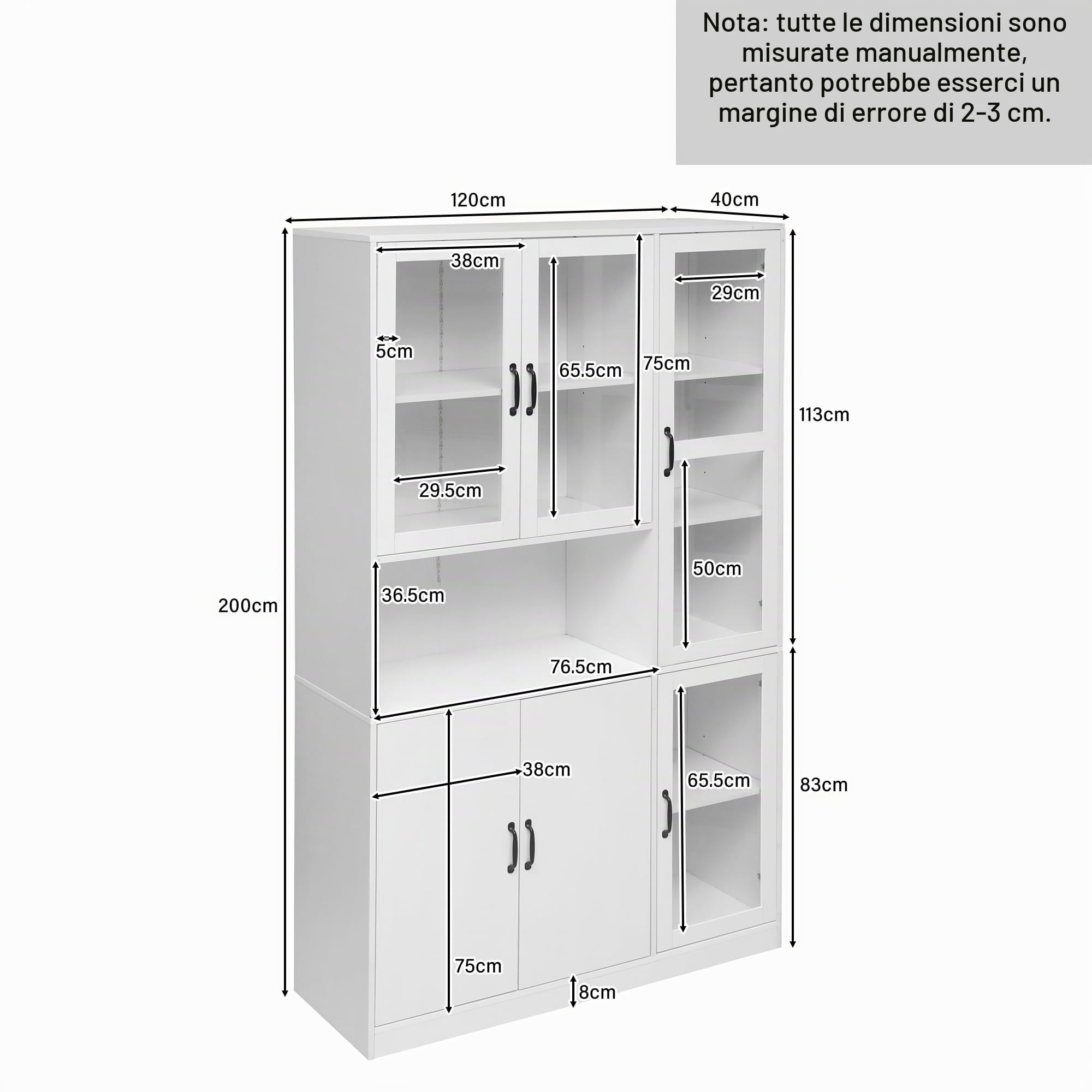 Kebnor Vetrina bianca, scaffali con ante, scaffali da terra per libri, credenza da cucina grande, armadio dispensa, scaffale di lusso con luce LED, armadio vetrina con ripiani (120 x)