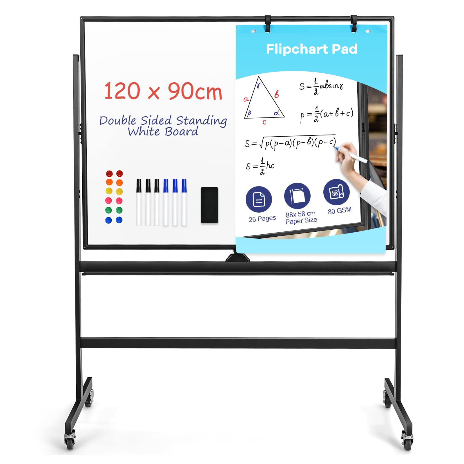 GIANTEX Przenośna tablica suchościeralna ze stojakiem, 120 x 90 cm, dwustronna tablica magnetyczna 160/180 cm, z regulacją wysokości i obracana o 360°, magnetyczna z półką na długopisy, do szkoły