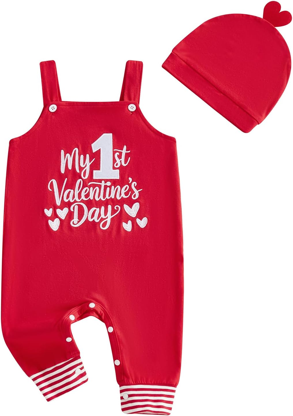 Baby Boy Girl Valentines Romper Newborn Suspender Overall Jumpsuit Clothes with Hat My 1st Valentines Day Outfit