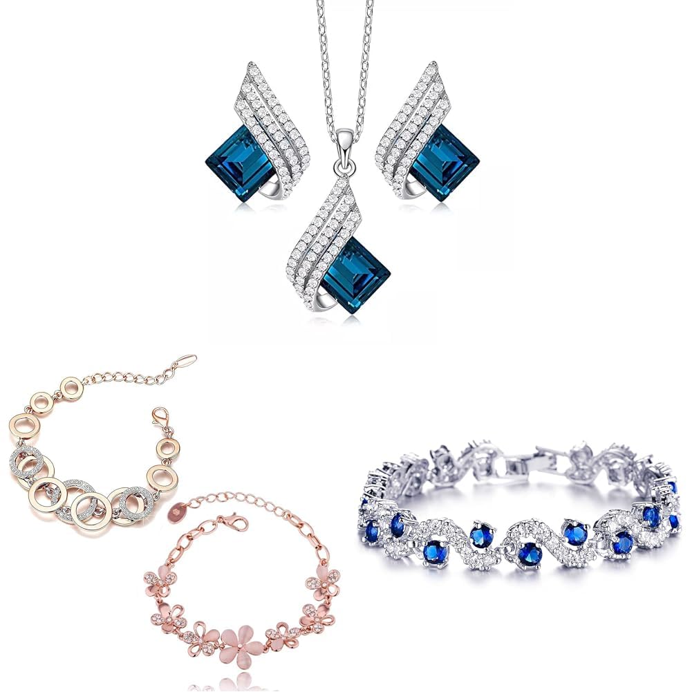 Shining Diva Fashion Women’s Angel Wings Necklace Set (Blue) (14622S) Gold Plated 2 Bracelet (Rose Gold) (Cmb285_8306B_9556B) Royal Blue Crystal Bracelet (9576B)