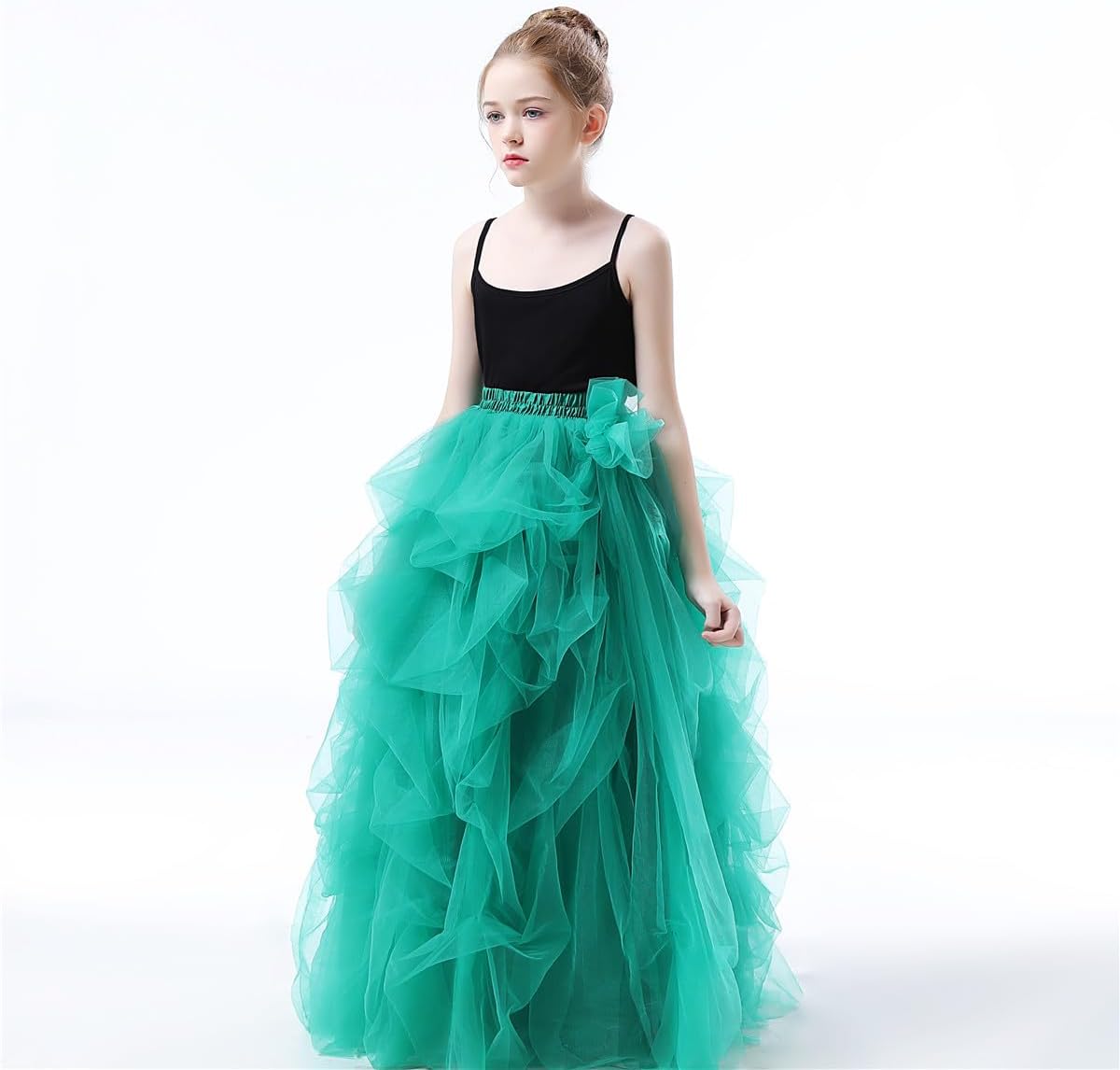 Qmker Girls Long Tutu Skirts Princess Slit Dress Candy Color Tulle Maxi Floor Length for Birthdany Party Handmade (12, Green)