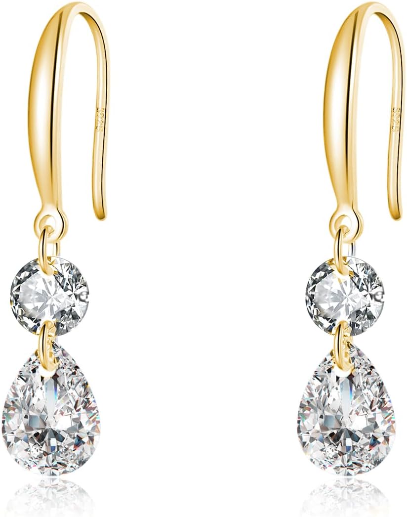 SLUYNZ 925 Sterling Silver Sparkle CZ Dangle Earrings for Women Teens Double CZ Drop Earrings Hook Wedding Bridal Earrings