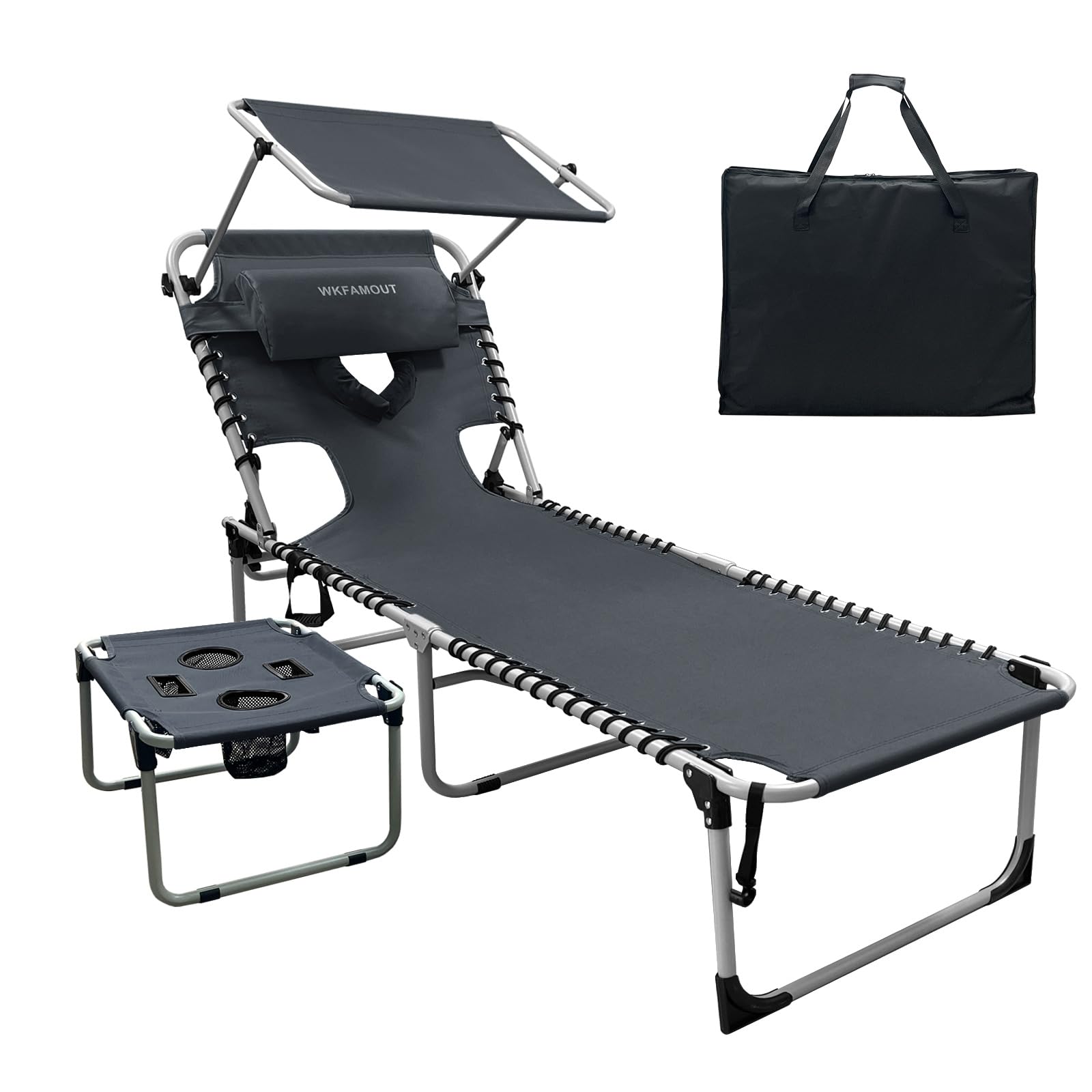 Outdoor Tanning Chair with Sun Canopy Shade &amp; Face Hole, Folding Lounge Chair with Beach Table and Carry Bag for Poolside Sunbathing Lawn
