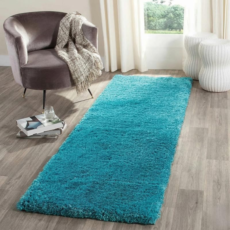Image of Anti Skid Plain Shaggy Plush Fur Bedside Runner Rug, Carpet for Living Room, Floor Mat, Bedroom, Hall (Turquoise 2X5, Microfiber)