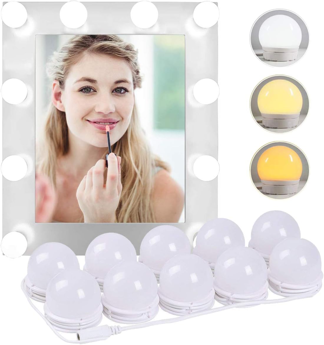 Hollywood Style LED Vanity Mirror Lights Kit with 10 Dimmable Light Bulbs For Makeup Dressing Table, 3 Colors and 5 Level Adjustable Light, USB Power