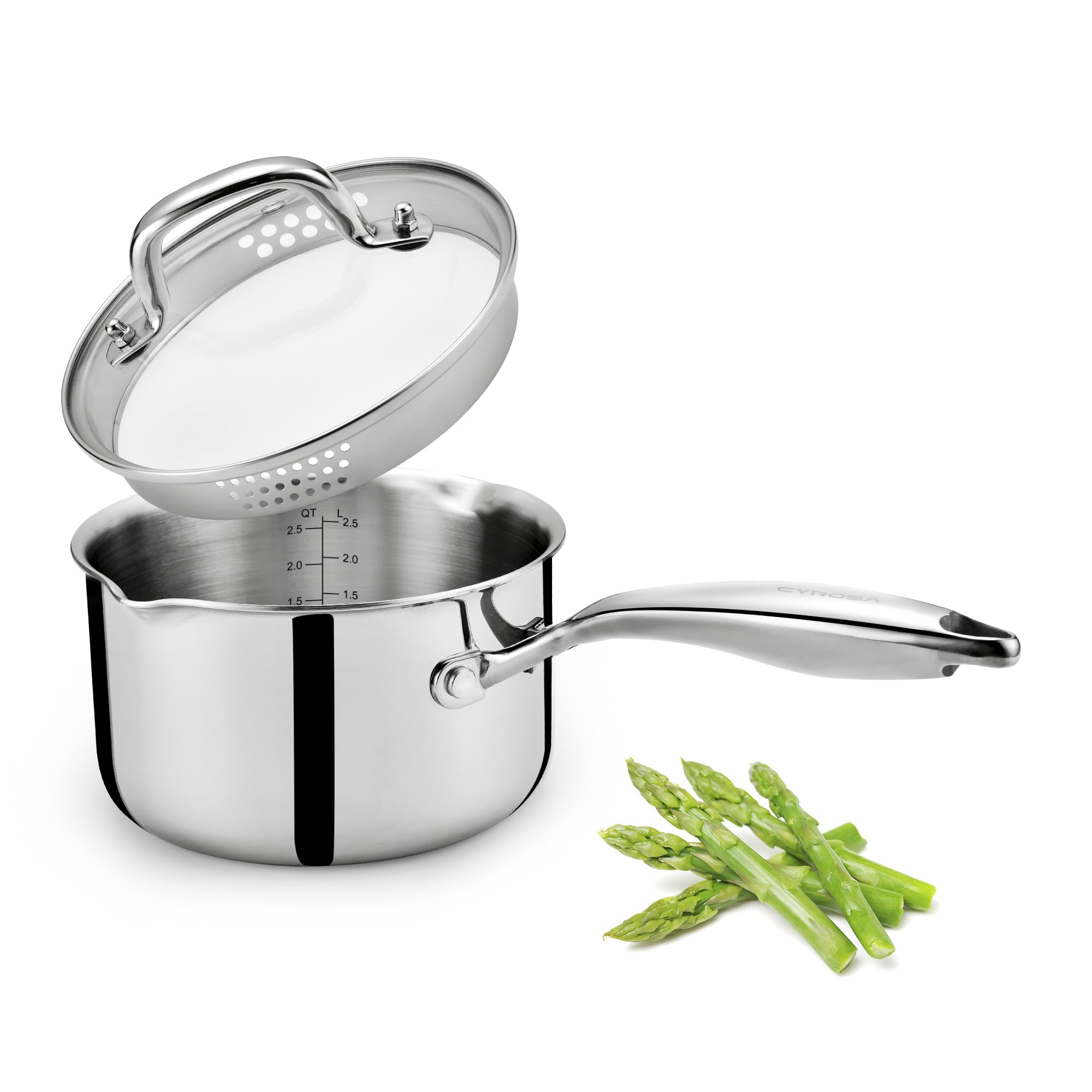 Cyrosa 2.0 Quart Saucepan with Lid, Stainless Steel Sauce Pot with Strainer Lid, Two Side Spouts for Easy Pour with Ergonomic Handle, Dishwasher Safe