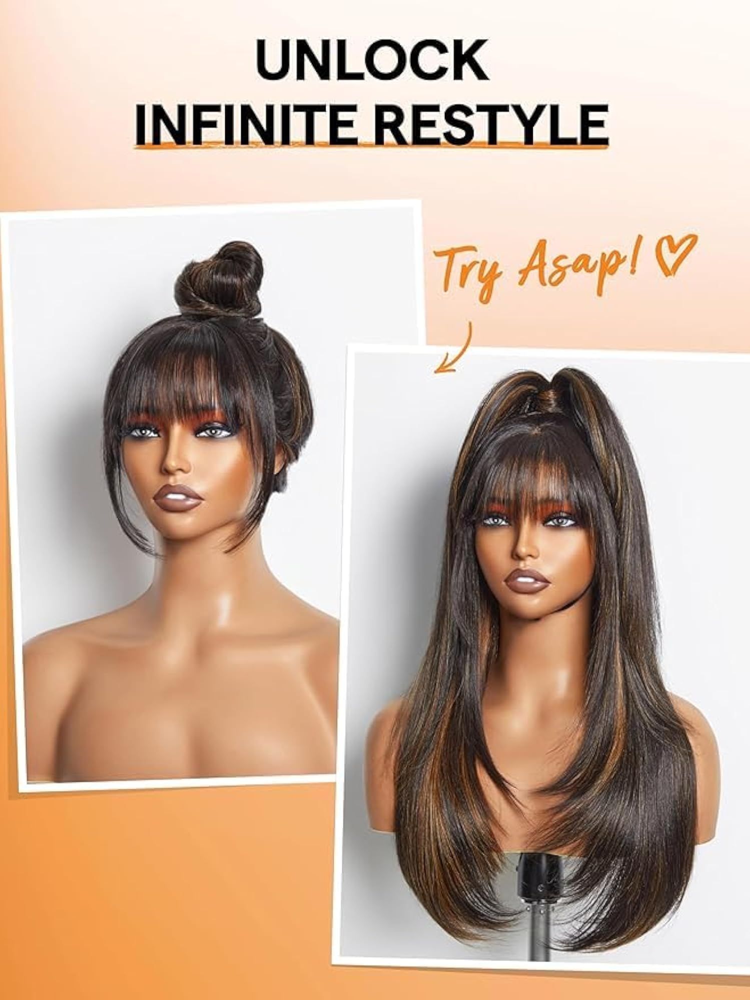 Highlight Straight Layered Wig with Bangs, Glueless