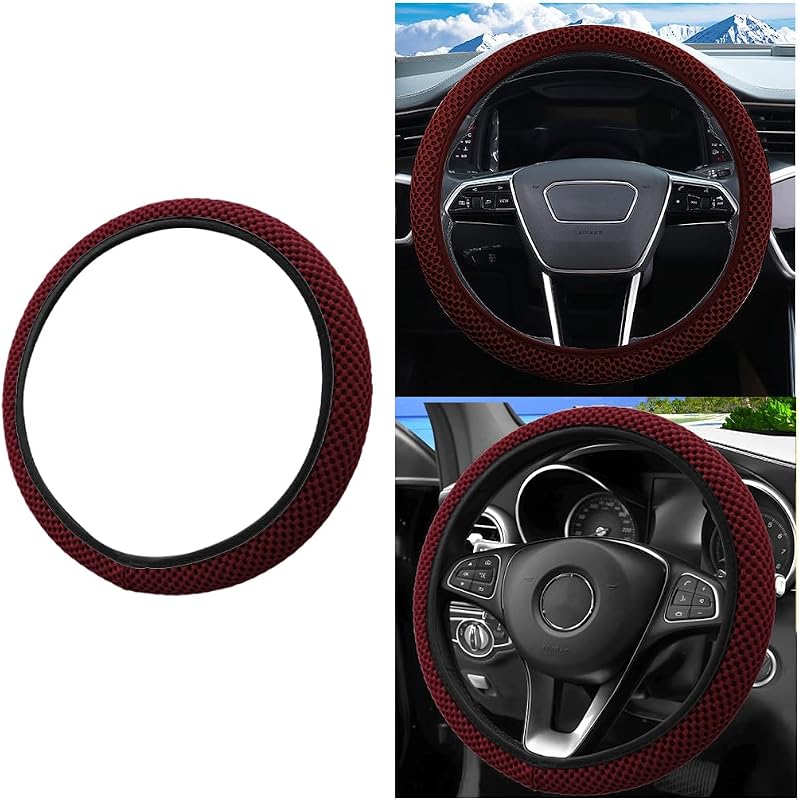 Capa Elástica para Volante em Tecido de Fibra Ice-Silk, Antiderrapante, Vermelho-Vinho, 37,9 cm