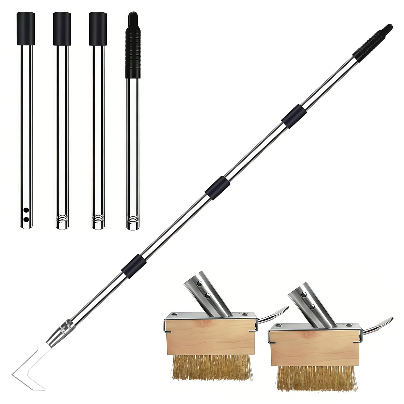 Brosse à Mauvaises Herbes et Couteau Désherbeur avec Manche Télescopique(160cm), Lot de 2 Désherbeur Manuel pour Mauvaises Herbes avec Crochet pour Éliminer la Mousse et Les Mauvaises Herbes (Argent)