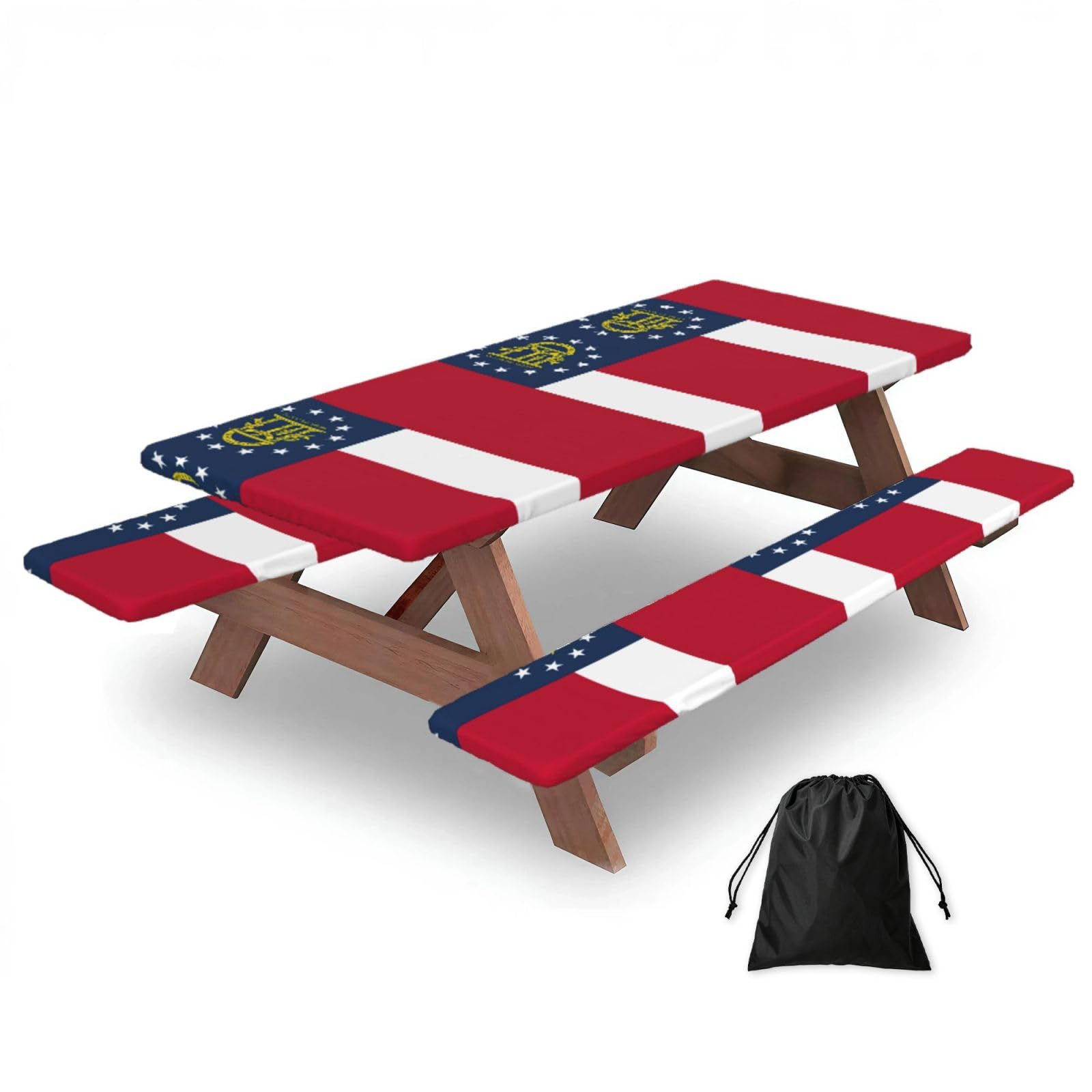 Yqxwjl Black Georgia State Flag Print Camping Essentials Waterproof Camping Table And Bench Cover With Drawstring Bag 183 Cm