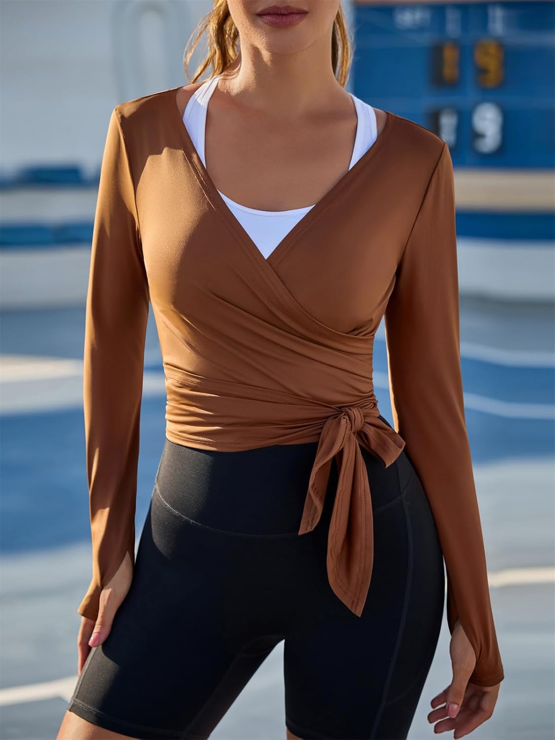 Fisoew Womens Wrap Tie Tops Long Sleeve Workout Crop Wrap Shirts Casual Lightweight Ballet Pilates Yoga Active Tops - Image 2