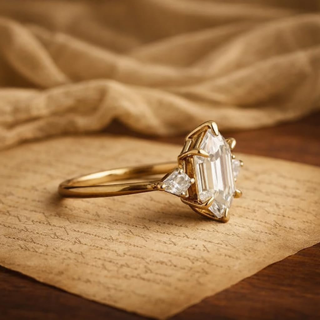 14K Yellow Gold Hexagon Cut Moissanite Three Stone Engagement Ring Elongated Minimalist Bridal Promise Ring with Side Accents Jewelry Gift for Women