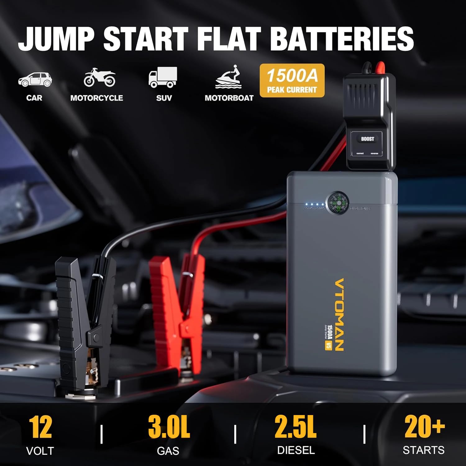 VTOMAN Batterie de démarrage V5 pour voiture (jusqu'à 6,0 L de gaz, 4,0 L diesel), chargeur de batterie de voiture 12 V, boîte de démarrage portable Supersafe avec lampe torche LED