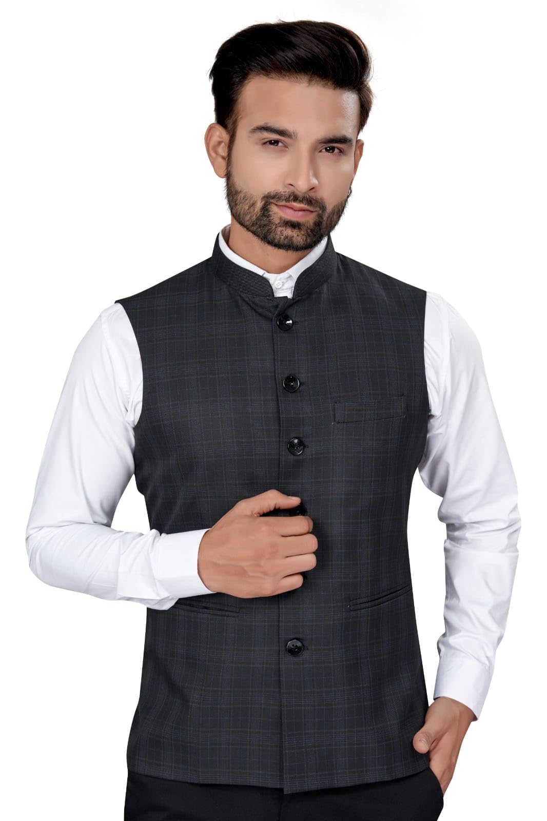 Utsav FashionUTSAV Mens Checked Sleeveless Nehru Jacket with 1 welt & 2 slip pockets