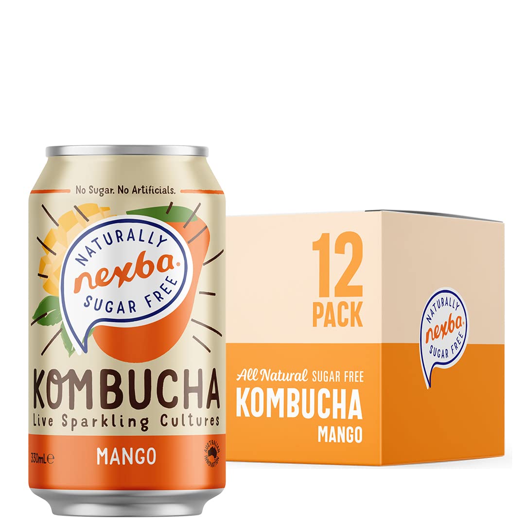 Nexba Naturally Sugar Free Mango Kombucha, 330ml Cans (Pack of 12)