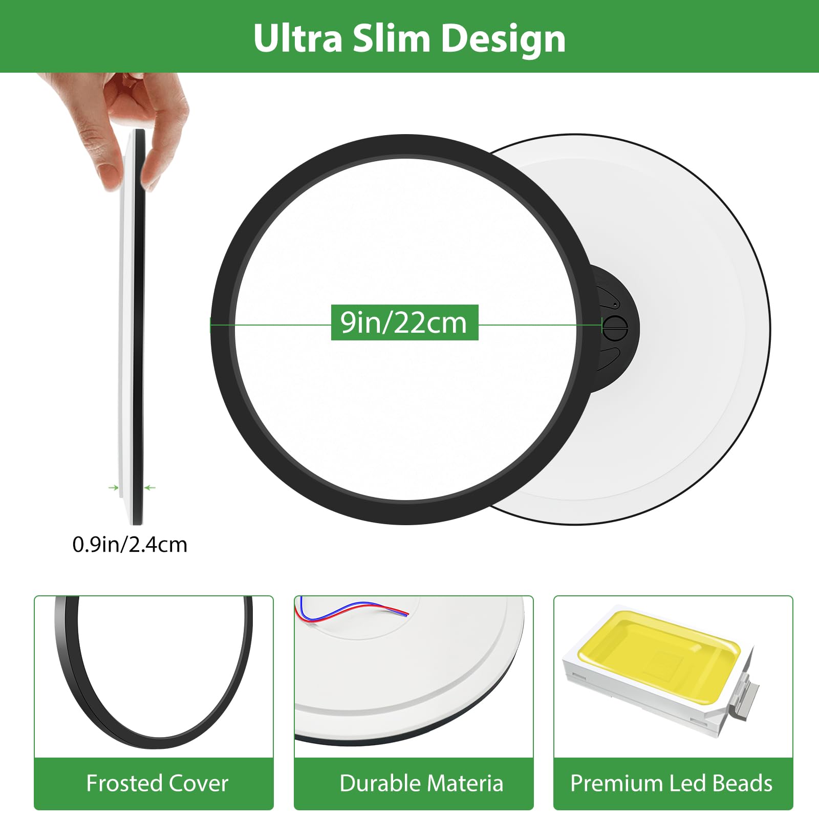 Hepside LED Deckenleuchte Rund - Dimmbar 3000K/4500K/6000K, 28W, IP44 Wasserdicht, Ultradünn 2,5 Cm, Einfach Zu Installieren (schwarz)