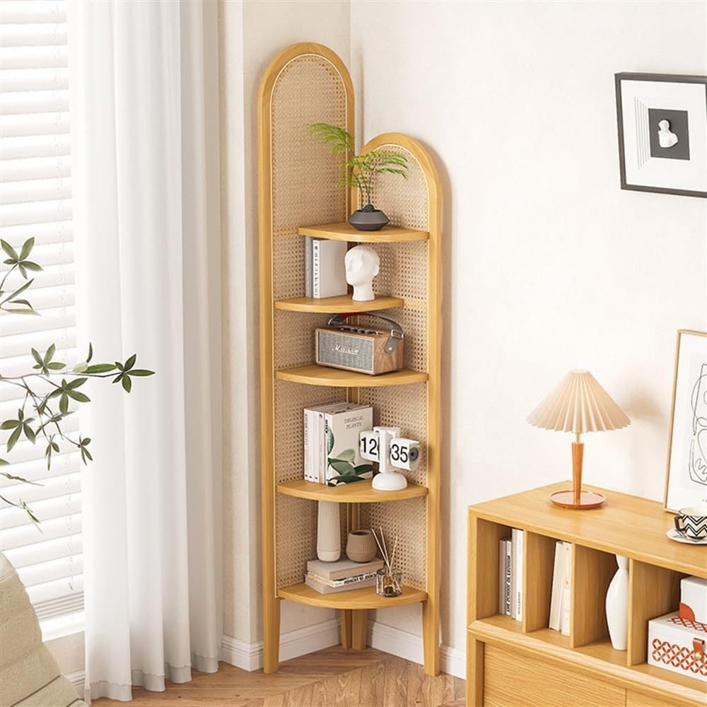 5-Tier Corner Shelf Stand, Fan-Shaped Display Rack, Solid Wood & Resin Rattan Weave, Space-Saving Corner Bookcase for Home or Office, Stylish Brown Finish