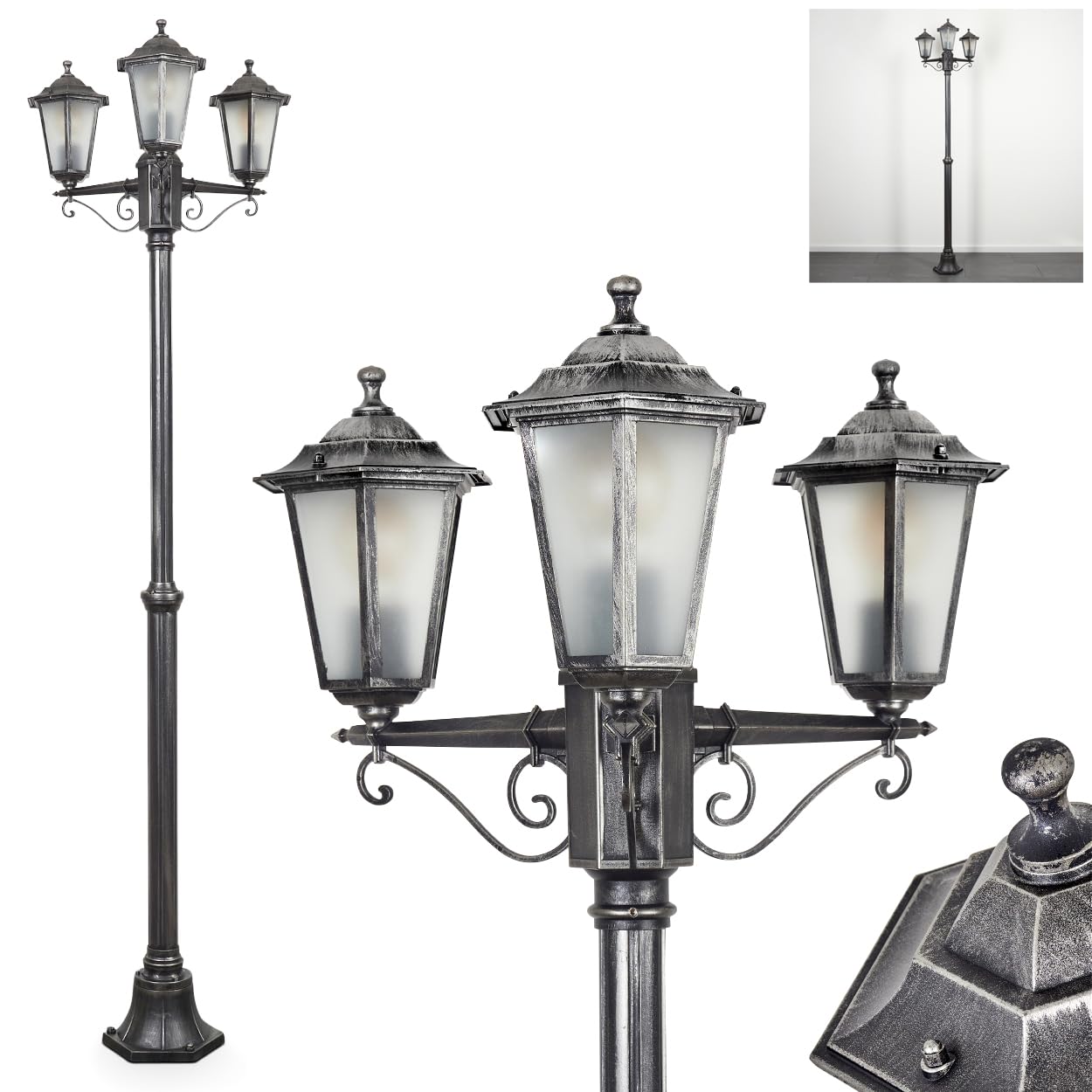 Outdoor Pathway Light Loria, Made of Metal/Glass in Black/Silver/White, Candelabra 3-Light in Antique Look, Height max. 200cm, Garden Lighting IP44, 3X E27, Without Bulbs