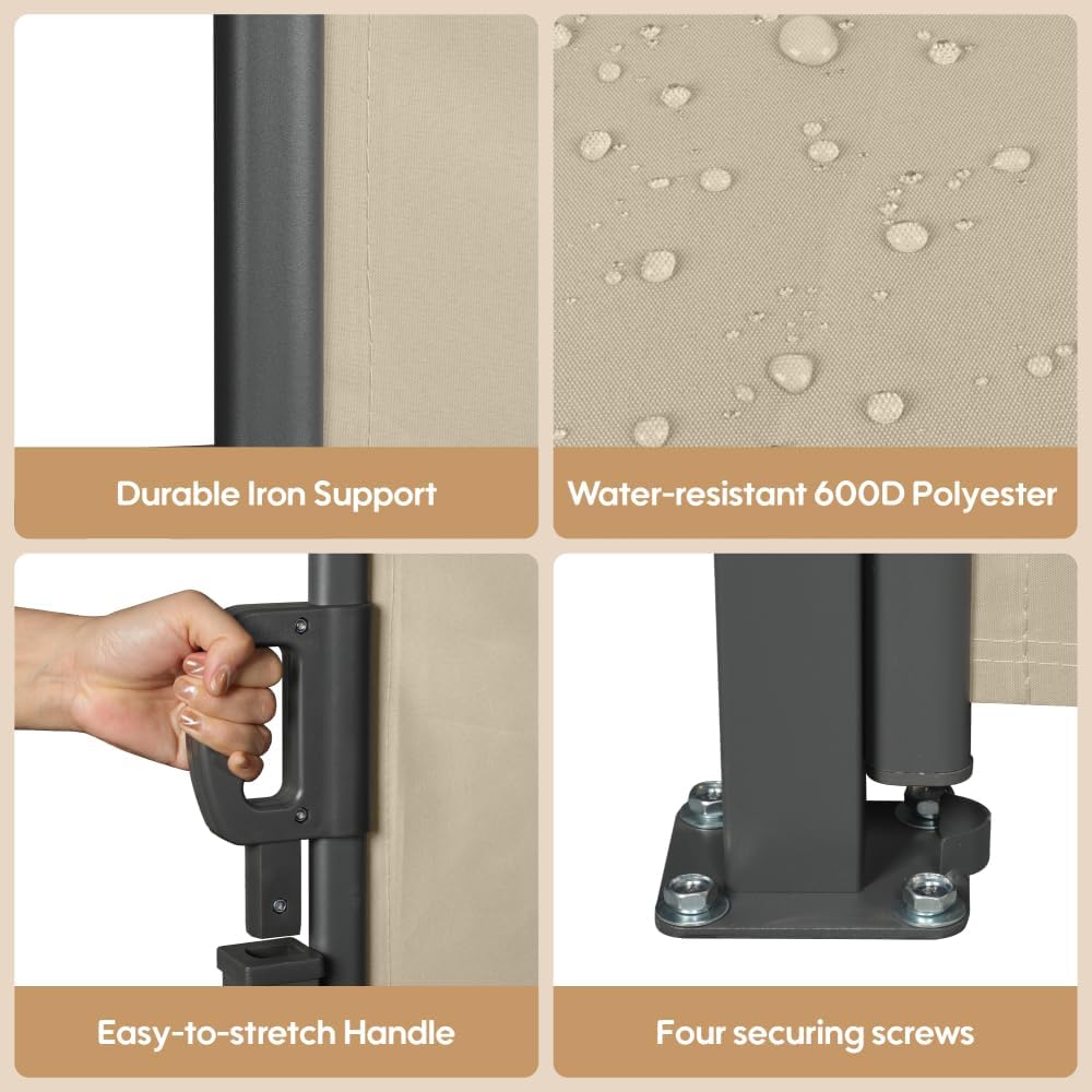 Retractable Privacy Screen Outdoor for Patio, Waterproof UV Resistant Side Awning, Elegant Beige Garden Balcony Courtyard Divider, Premium Weatherproof Fence Panel, 118"x63", Third Generation