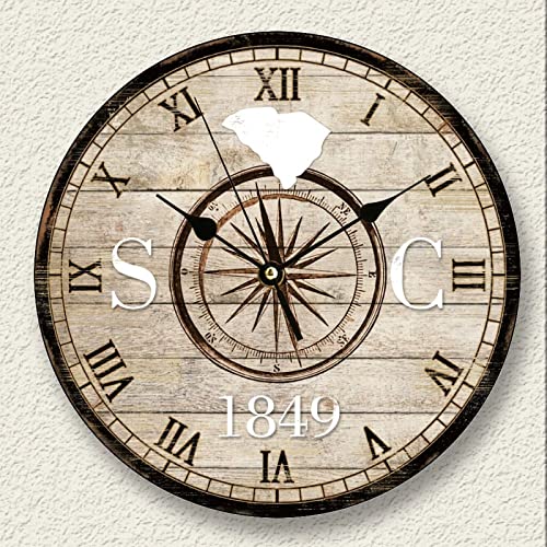 Wooden Wall Clock Nautical Theme Clock Battery Operated Silent Non Ticking Wood Clocks Compass South Carolina Silhouette Roman Number Explorer Beach Themed Clock Bathroom Decor