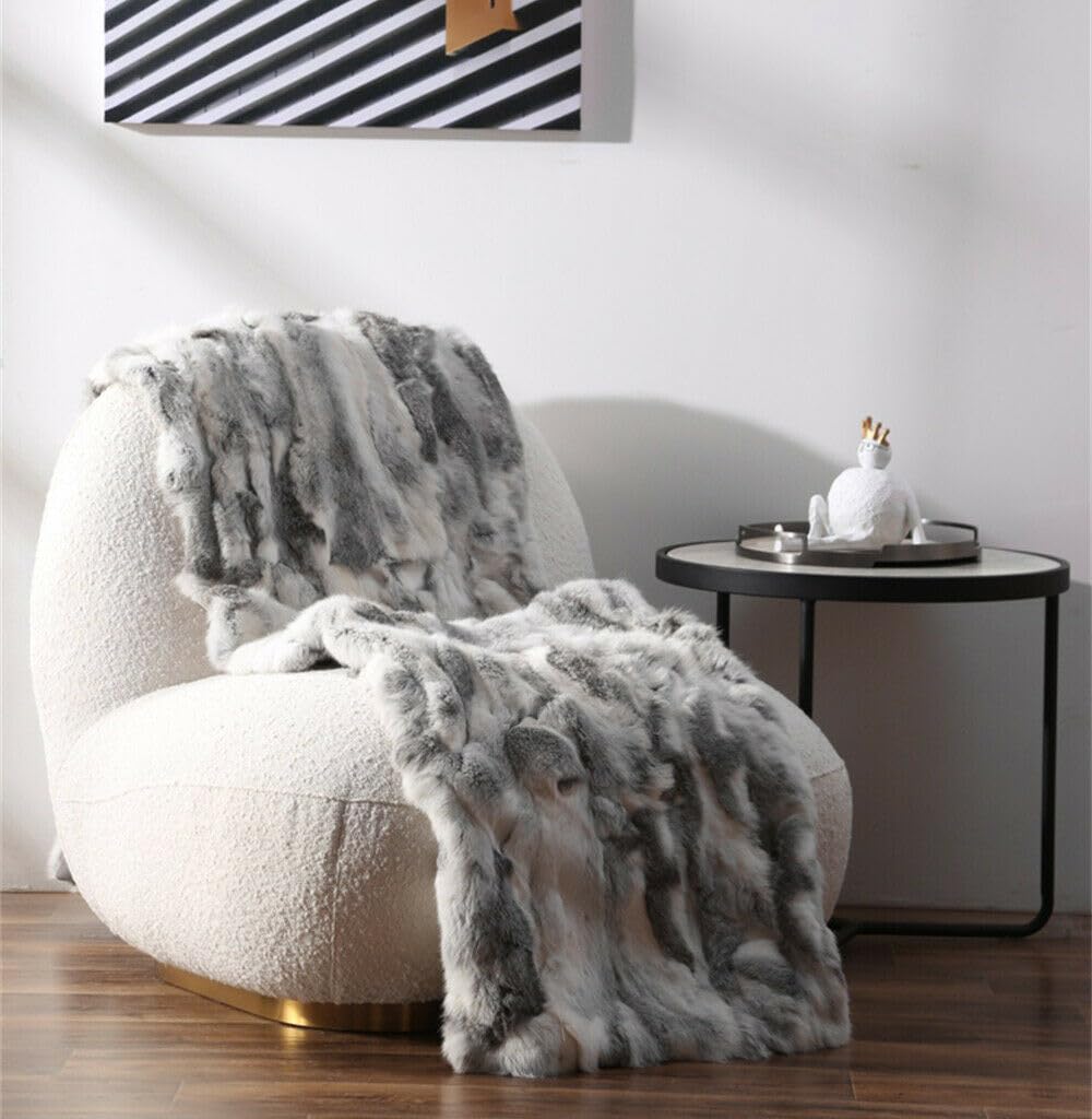 Natural Luxury Soft Rabbit Hide Skin Fur Throw Blanket Premium Durable Lush Patchwork Hide Pelt Fur Rug Plate Pelz Leather (22in x 43in) Gray